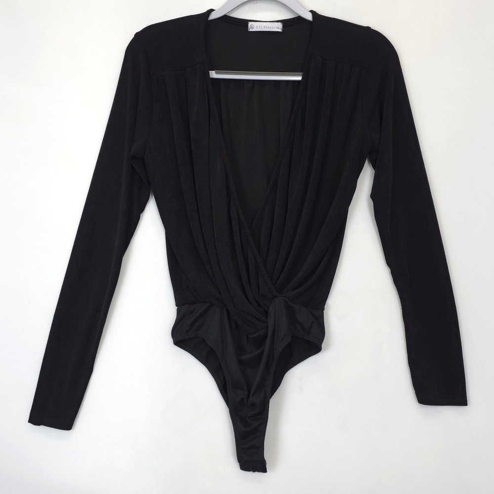 FSL Apparel Bodysuit Women S Black Long Sleeve V Neck Stretch Snap Closure